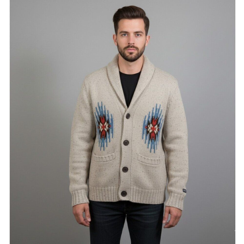 Obey Propaganda Beige Aztec/Southwestern Shawl Collar Cardigan Sweater Men's S